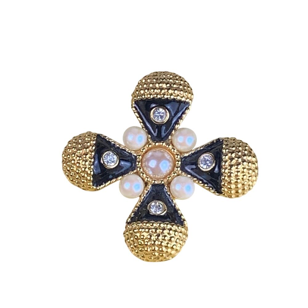 Maltese Cross Brooch Gold Black Pearl Rhinestone Statement Pin Old Money